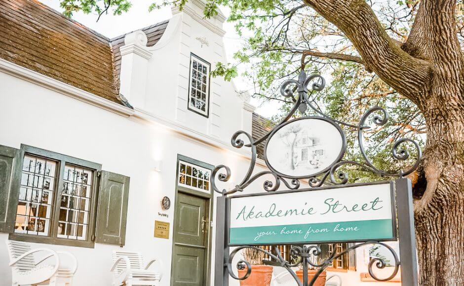 Front view of the beautiful Cape Dutch Akedemie Street Boutique Hotel